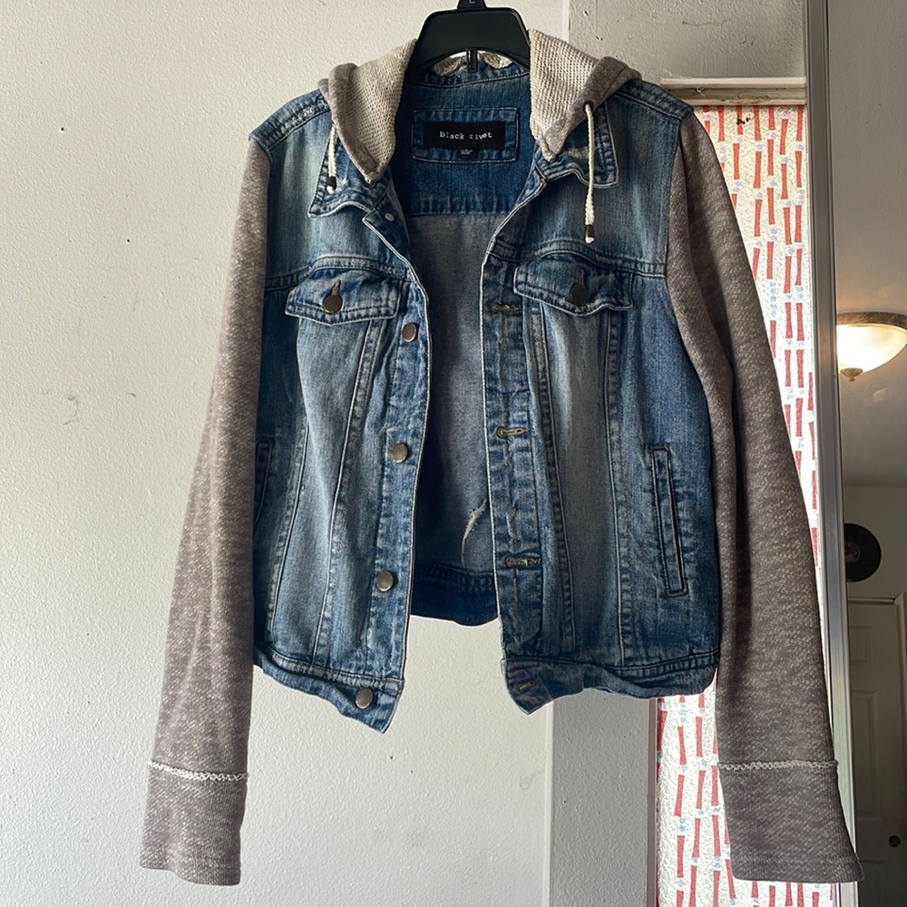Large Black Rivet Women's Button Closure Hooded Denim Jacket